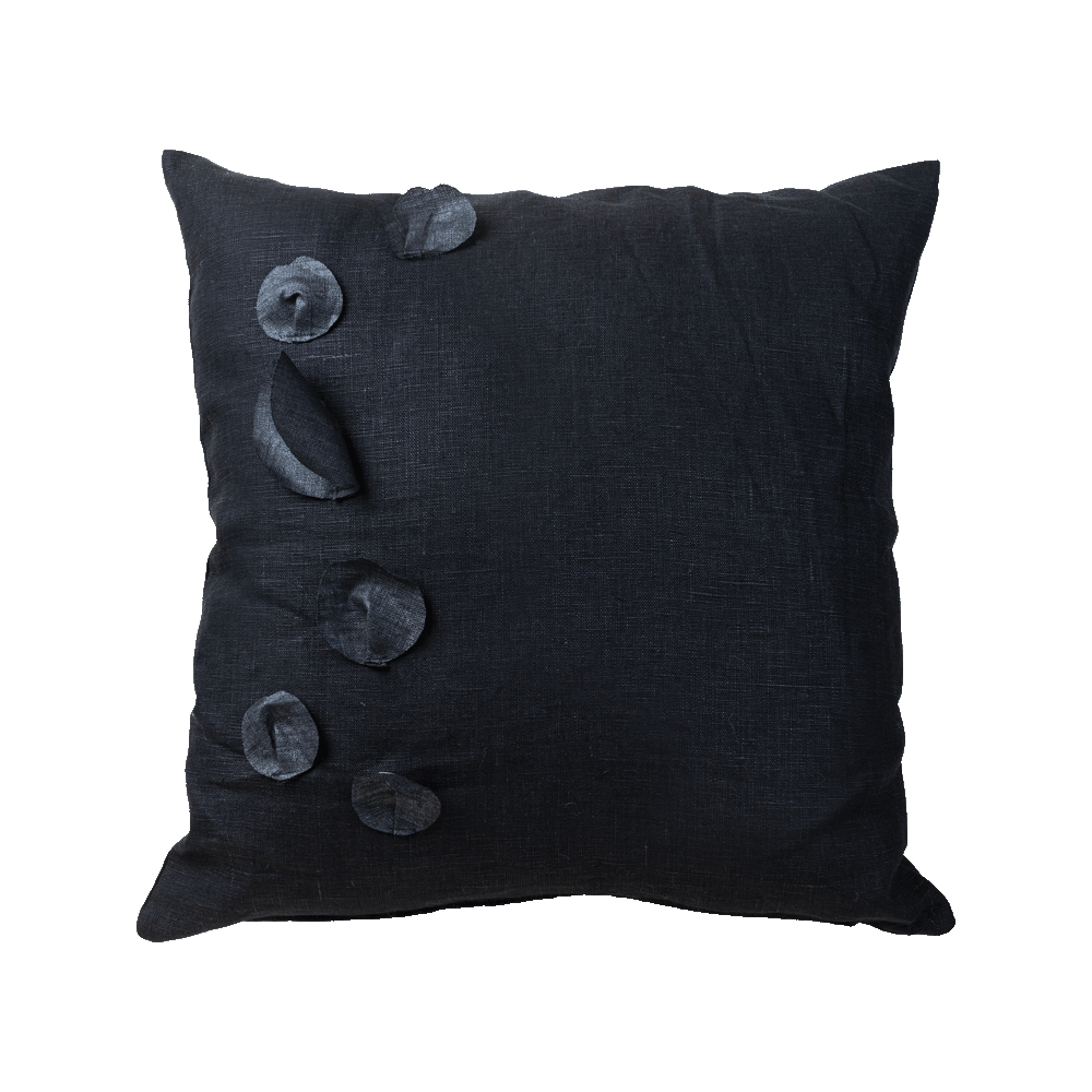 Cuscino in lino nero con applicazioni